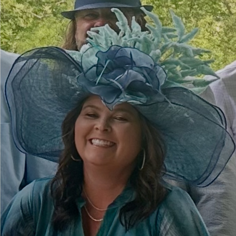 Elegant blue and green Kentucky Derby hat